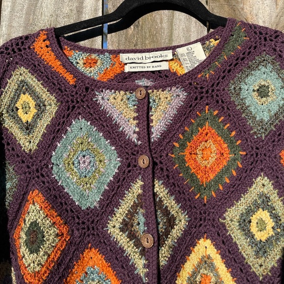 David Brooks Hand-Knit Cardigan in Purple and Orange Size L - Picture 2 of 13